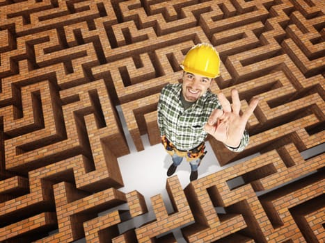 smiling positive worker in 3d maze