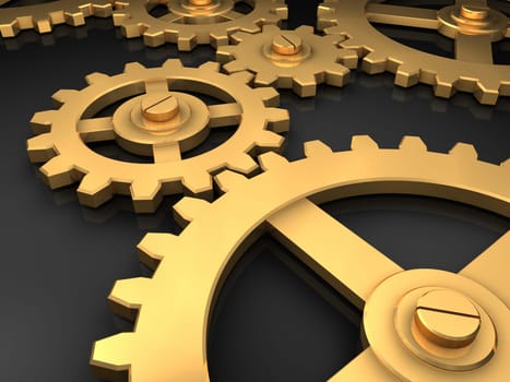 Golden gears working together, reflective floor, 3d render