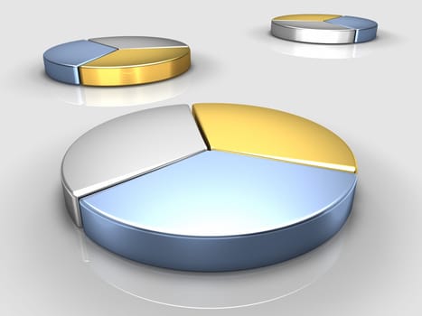 Metallic color pie charts, a large one in front, reflective floor