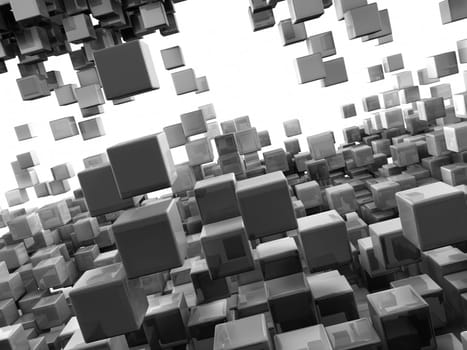 Flying over a crowd of reflective cubes, 3d render