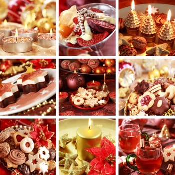 Collection of nine still live photos for Christmas in red and golden tone