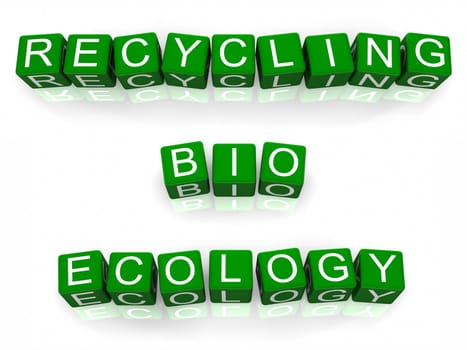 Green boxes with letters arranged in three words - recycling, bio and ecology - white background, 3d render