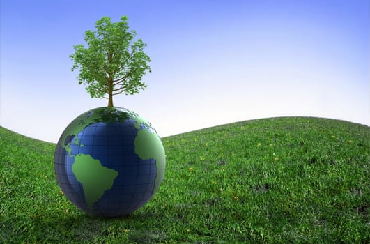 3d earth and tree in a meadow