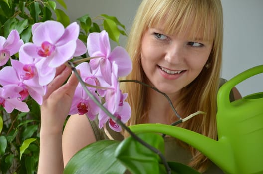 Young attractive woman watering orchids