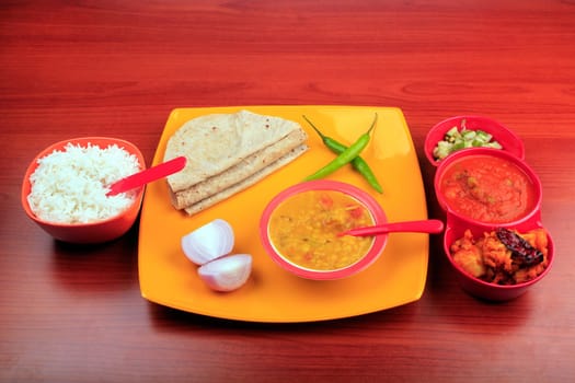 Simple indian meals with rice, chapatti and dal