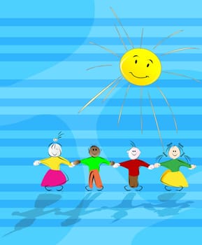 Cartoon children in the sun, abstract background illustration