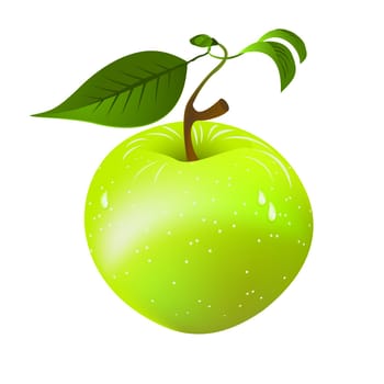 Fresh green apple with leaves
