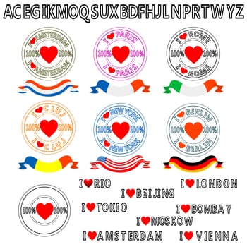 Traveler stamps over white background, original fonts used.