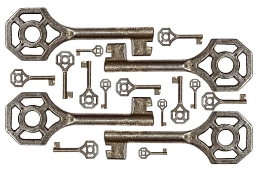 old keys closeup on white background.