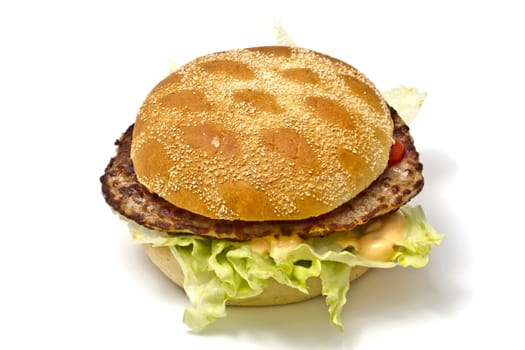 Delicious hamburger closeup on white background