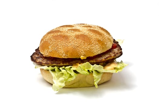 Delicious hamburger closeup on white background