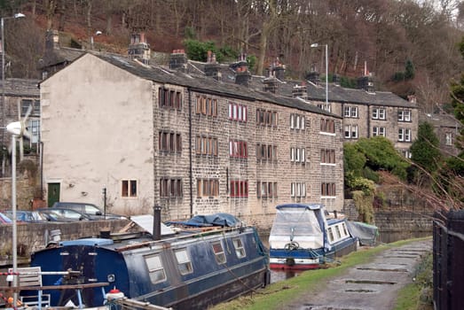 Houses and Barges by The Rochdale Canal at Hebden Bridge