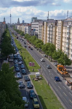 View from an observation deck in Berlin Friedrichshain in Frankfurter Allee towards the city center with Berlin TV tower in daylight