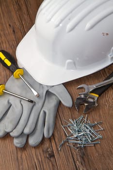 set of tools and instruments on wood table