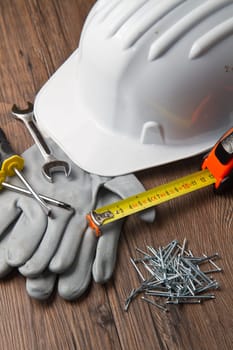 set of tools and instruments on wood table