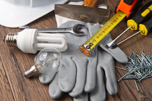set of tools and instruments on wood table