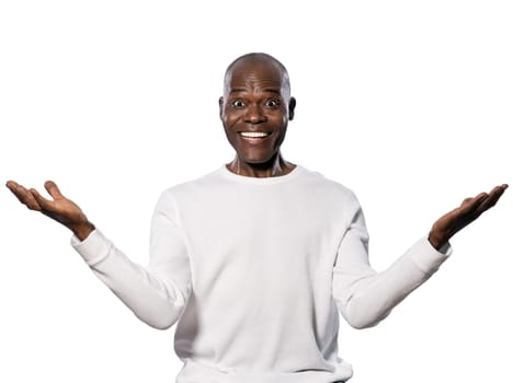 Portrait of an excited afro American man with eyes wide open smiling in studio on white isolated background