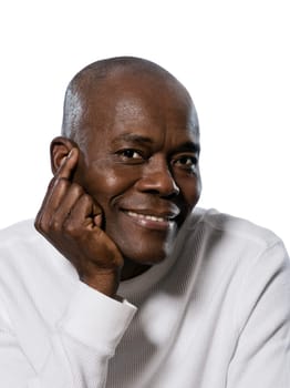 Close-up portrait of a smiling afro American man in studio on white isolated background