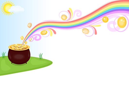 Financial success - pot of gold at the end of the rainbow. Isolated over white background.