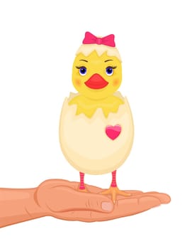 Celebrating Easter with hand giving a cute hatching chick. Isolated over white.