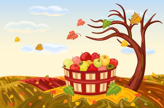 Beautiful autumn landscape with rich apple harvest under a bare, lone tree.