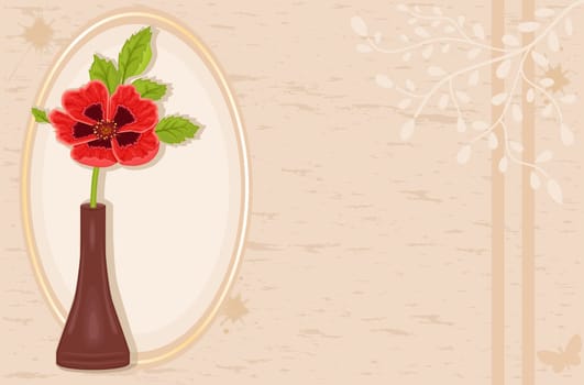 Retro greeting card with red poppy flower in a vase. Room for your text.