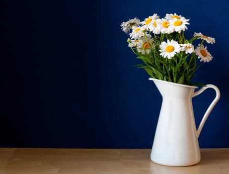 Fresh Oxeye Daisies on table in white Pitcher in interior