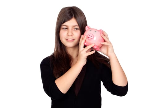 Adorable preteen girl with moneybox isolated on white background