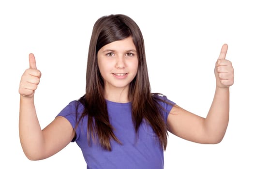 Adorable preteen girl accepting with the tumbs isolated on white background