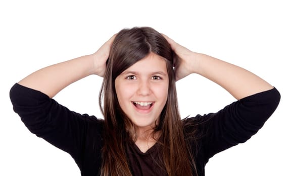 Surprised preteen girl isolated on white background