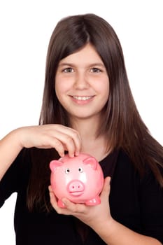 Adorable preteen girl with a piggy-bank isolated on white background