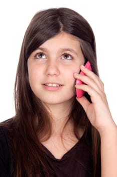 Adorable preteen girl with a mobile isolated on white background