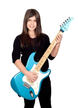 Adorable girl whit electric guitar on a over white background
