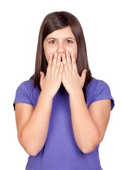 Surprised preteen girl isolated on white background