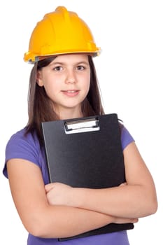 Adorable preteen girl with helmet isolated on white background