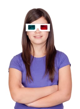 Preteen girl with three-dimensional glasses isolated on white background