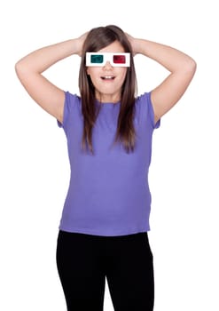 Surprised girl with three-dimensional glasses isolated on white background