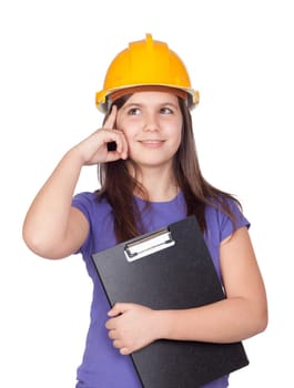 Adorable preteen girl with helmet thinking isolated on white background