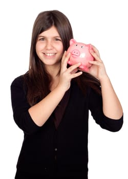 Adorable preteen girl with moneybox isolated on white background
