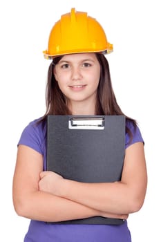 Adorable preteen girl with helmet isolated on white background