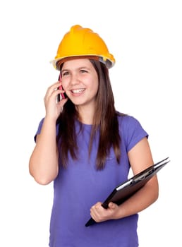 Adorable preteen girl with helmet and a mobile isolated on white background