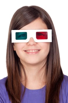 Preteen girl with three-dimensional glasses isolated on white background
