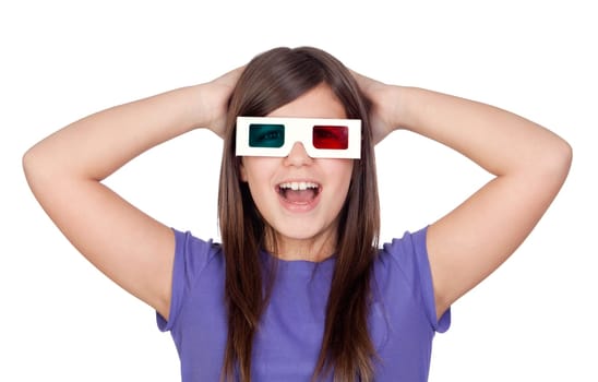 Surprised girl with three-dimensional glasses isolated on white background
