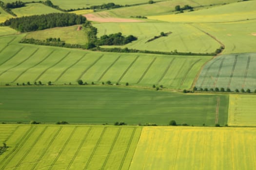 Aerial view of partly flowering arable land and rapeseed fields