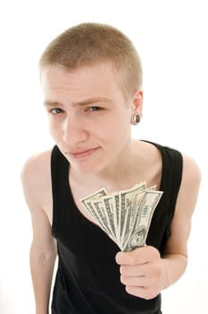 funny skinny teenager with a dollars isolated on white background