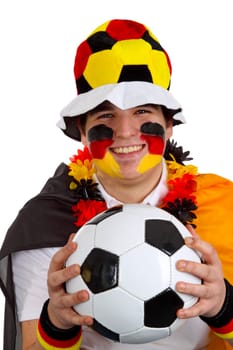 Young male football fan on white background