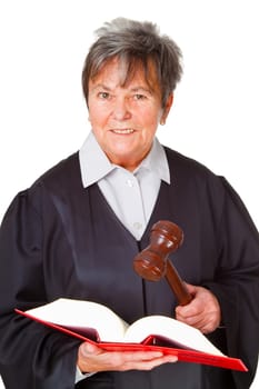 Female lawyer with law book on white background