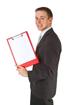 Businessman with clipboard isolated on white background