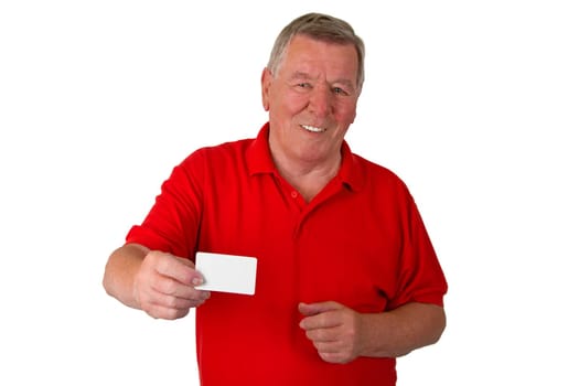 Senior handing business card isolated on white background