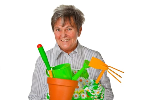 Senior woman with garden apron - isolated on white background